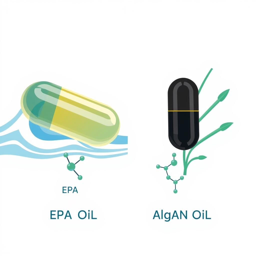 nutrition optimization — Flat vector illustration comparing a fish oil softgel and an algae oil capsule with simplified EPA and DHA molecular shapes behind each.