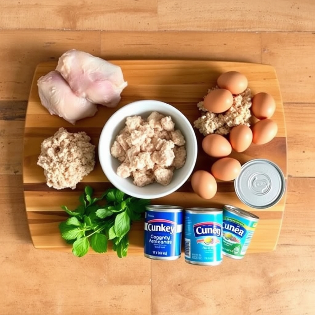 nutrition timing fitness meal prep — Flat-lay of five budget protein sources — chicken thighs, ground turkey, eggs, Greek yogurt, and canned tuna — arranged on a wooden board.
