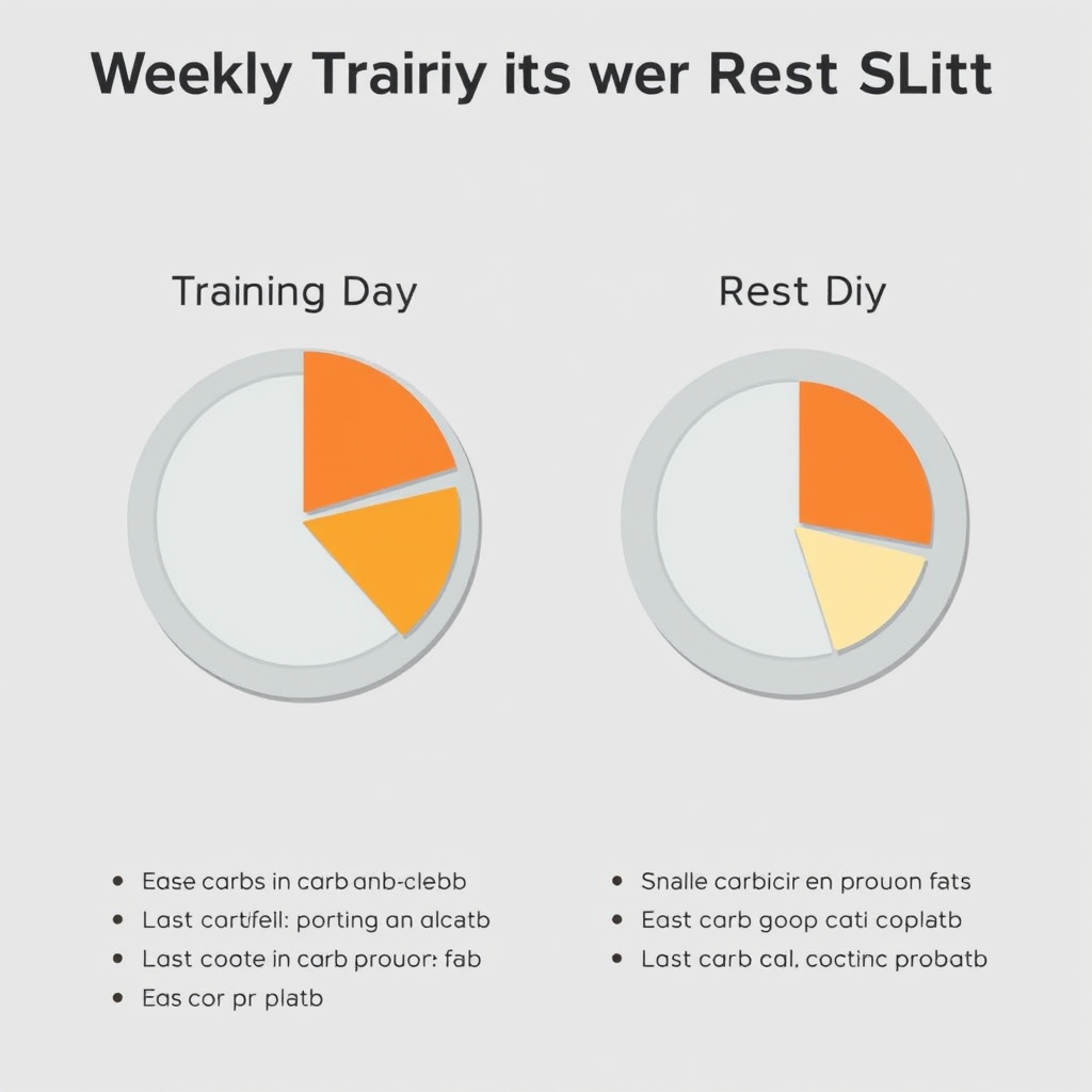 nutrition timing fitness — Two plate diagrams side by side showing proportionally larger carb sections on training days versus rest days, in flat vector style.