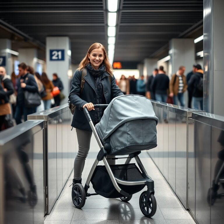 one-hand fold stroller — Parent pushing a slim lightweight stroller through a subway turnstile in a busy urban transit station.