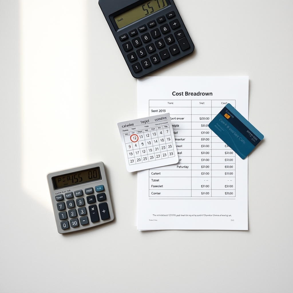 online certification programs — Overhead view of a calculator, six-month calendar, cost comparison chart, and credit card on a neutral desk surface.