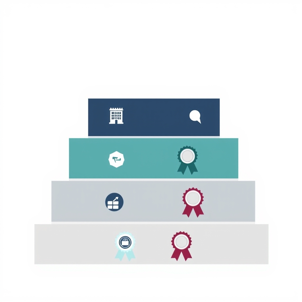 online learning platforms — Flat vector diagram showing four credential tiers from elite employer certificates at top to hobby badges at bottom.