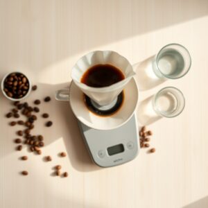 organic coffee subscription — Overhead view of a ceramic pour-over dripper brewing coffee, surrounded by whole beans and a kitchen scale on a light wood surface.