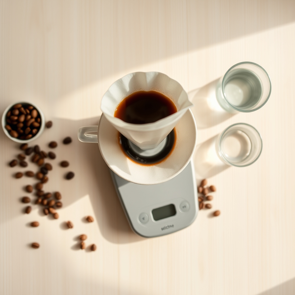 organic coffee subscription — Overhead view of a ceramic pour-over dripper brewing coffee, surrounded by whole beans and a kitchen scale on a light wood surface.