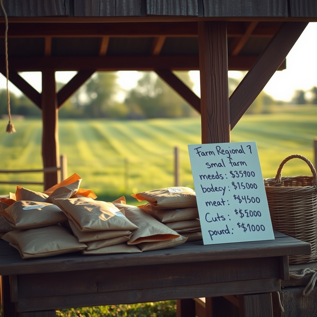 organic meat delivery — Farm stand table outdoors with paper-wrapped meat packages, handwritten price sign, and a green pasture background in warm afternoon light.