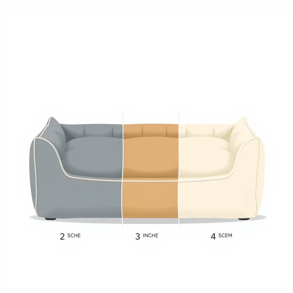 orthopedic pet bed reviews — Cross-section diagram comparing 2-inch, 3-inch, and 4-inch memory foam dog bed layers side by side with depth labels