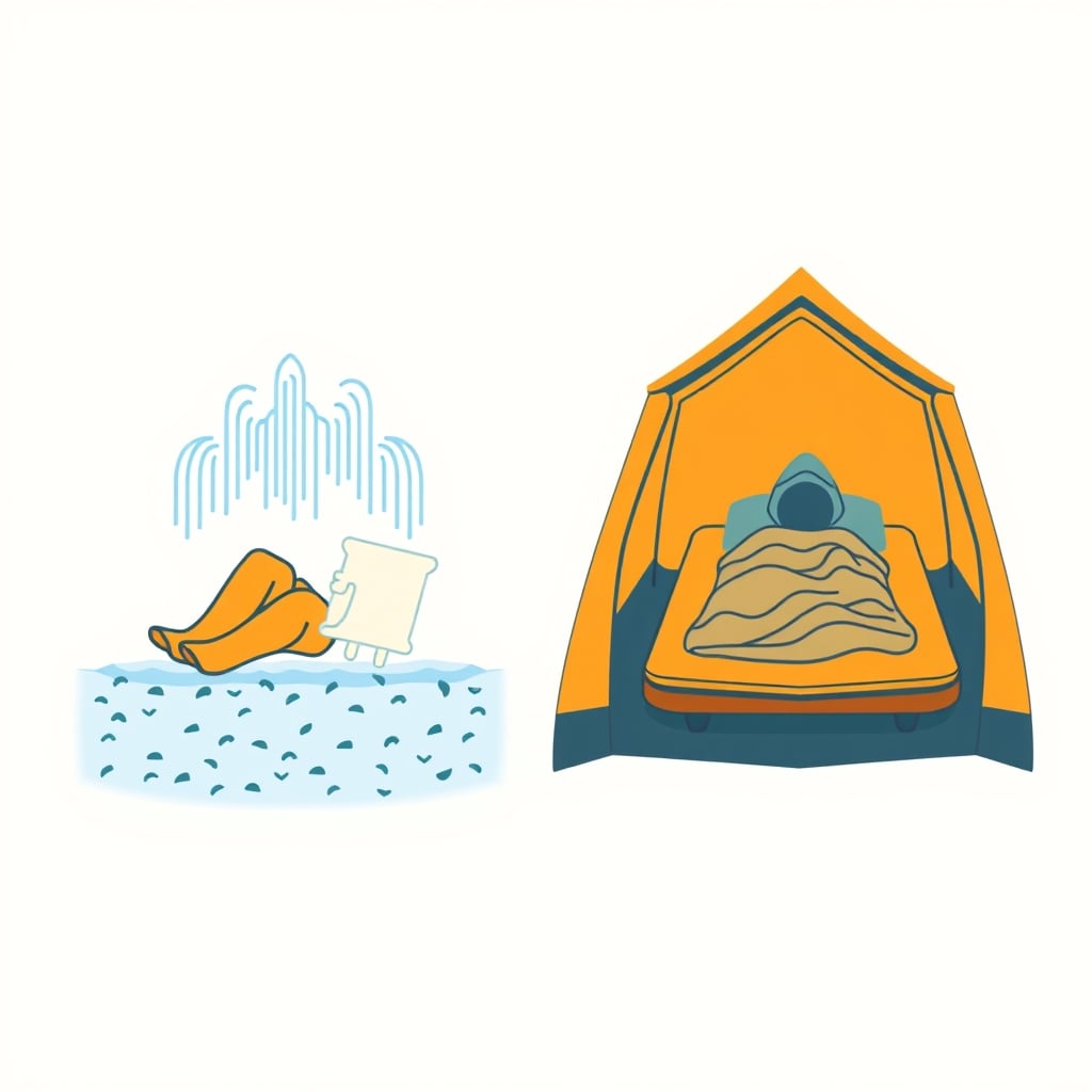 outdoor recreation gear — Cutaway illustration comparing heat loss sleeping directly on ground versus sleeping on an insulated pad inside a tent.