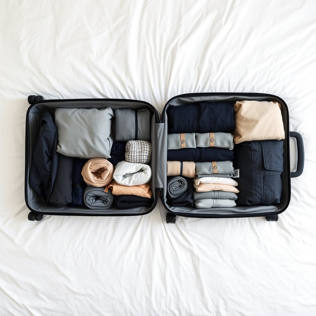 packing hacks travel — Overhead view of an open suitcase packed with rolled clothes, packing cubes, and folded garments on a white bed.
