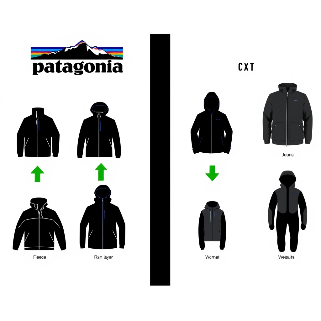 Patagonia environmental activism — Visual guide showing Patagonia products to buy versus skip, organized by category with directional indicators.