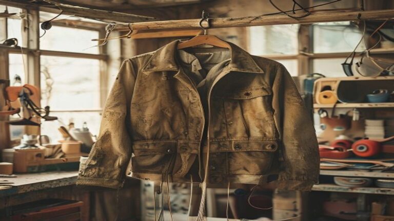 Patagonia sustainability environmental activism — A worn outdoor jacket in a bright repair workshop surrounded by sewing supplies and tools.