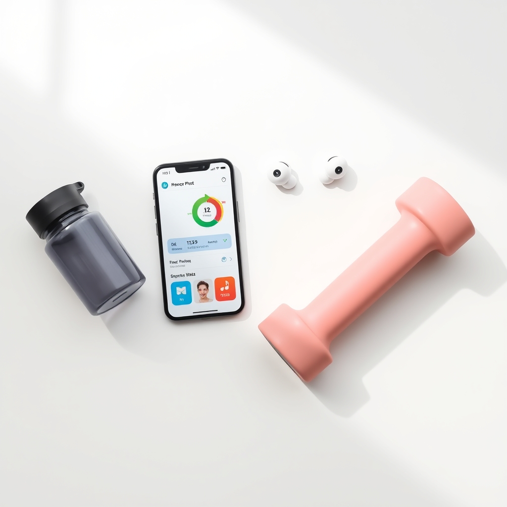 Peloton app cost — Fitness app on smartphone screen surrounded by earbuds, water bottle, and dumbbell on a white surface