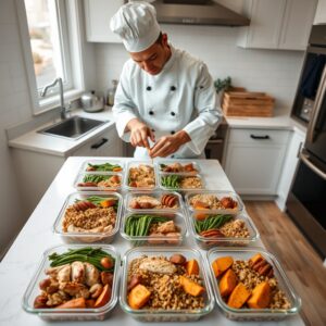 personal chef meal planning — Overhead view of a chef arranging labeled meal prep containers filled with protein, grains, and roasted vegetables on a marble counter.