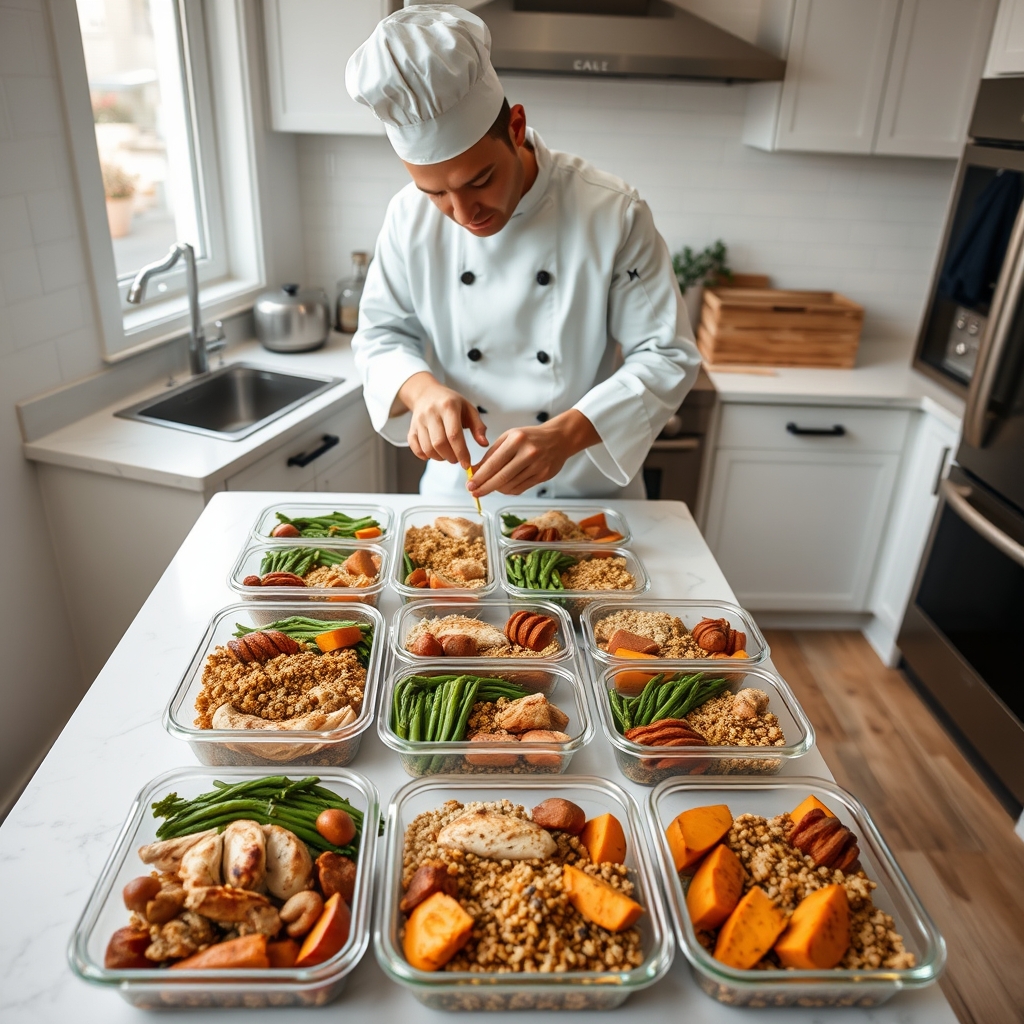 personal chef meal planning — Overhead view of a chef arranging labeled meal prep containers filled with protein, grains, and roasted vegetables on a marble counter.