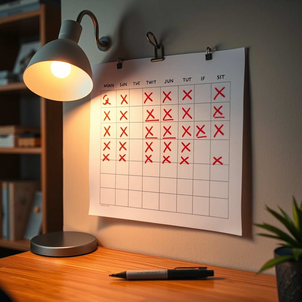 personal trainer advice — Wall calendar with consecutive red X marks tracking daily workouts, marker resting beside it on a wooden desk