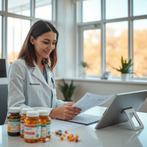 personalized nutrition — Dietitian reviewing micronutrient test results and supplement bottles at a modern clinic desk with natural lighting.