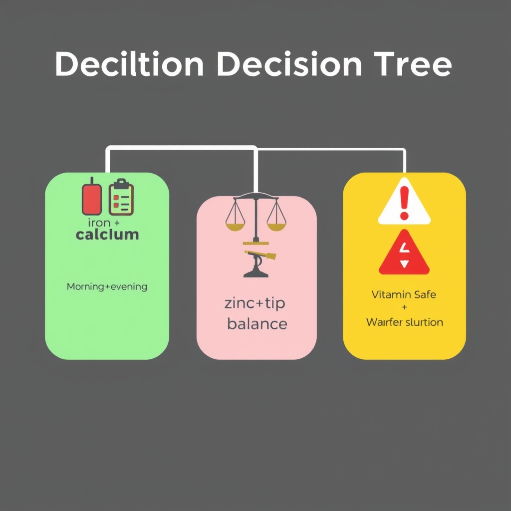 personalized supplementation micronutrient testing — Visual decision tree showing three major supplement interactions: iron-calcium timing, zinc-copper balance, and vitamin K-warfarin warnings.