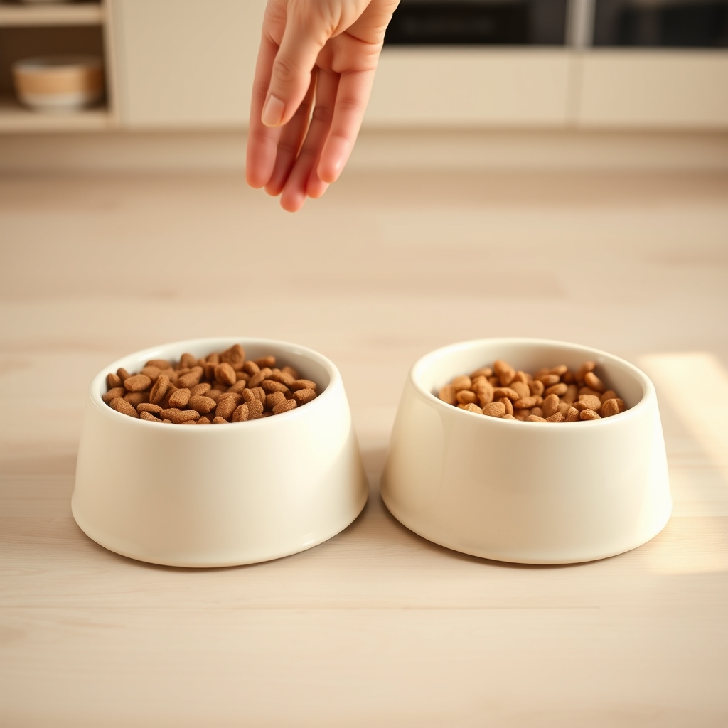 pet food sensitivity — Two pet food bowls on a wood floor, one old kibble and one new, with a hand pouring a measured portion.
