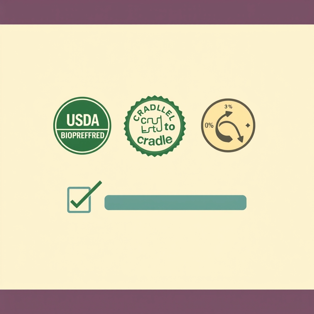 plant-based leather brands — Flat vector illustration of four sustainability certification badge icons representing bio-content, lifecycle assessment, and material audit standards.