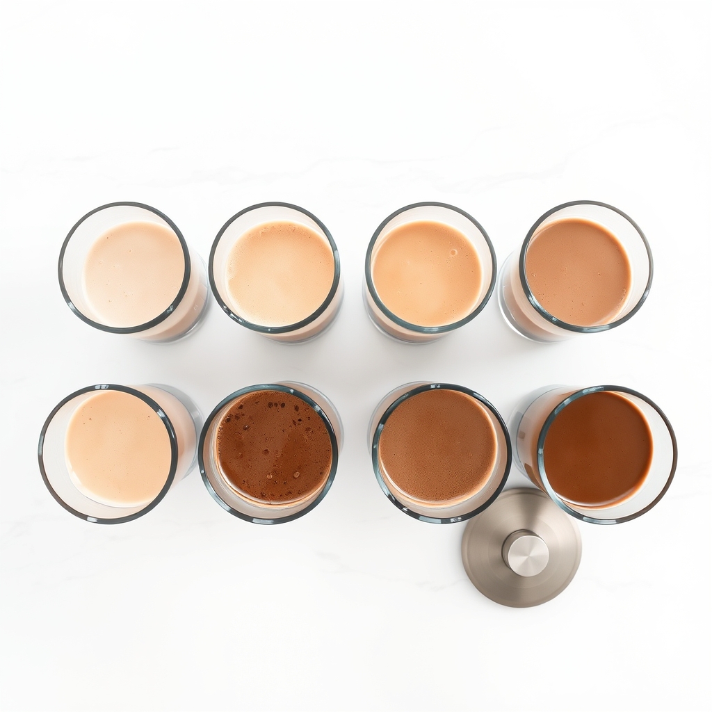 plant-based protein powder taste — Six protein shakes in clear glasses ranging from pale beige to dark chocolate brown, lined up on a white marble surface overhead view.