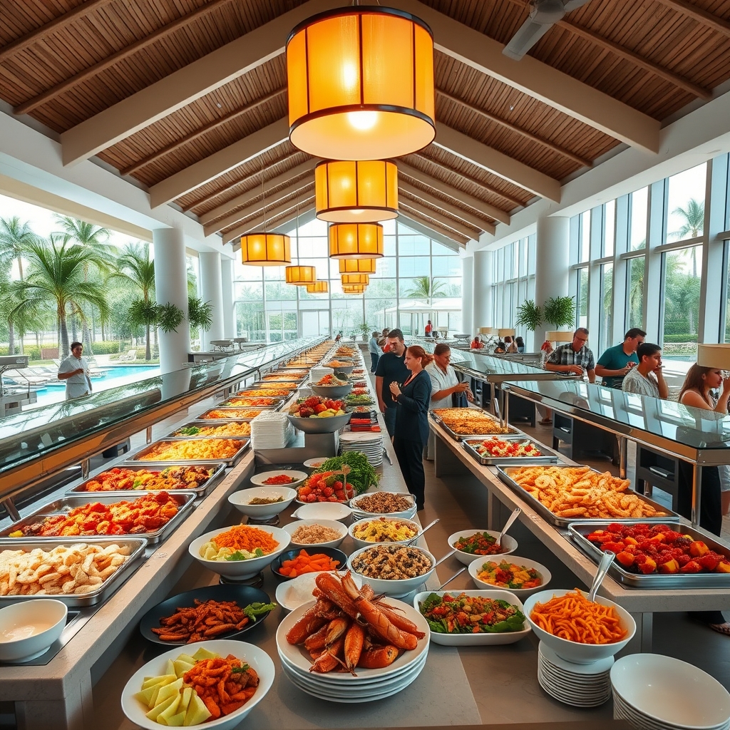 Playa del Carmen all inclusive — A bright open-air all-inclusive resort buffet with colorful food stations offering seafood, fruit, and Mexican dishes overlooking a pool.