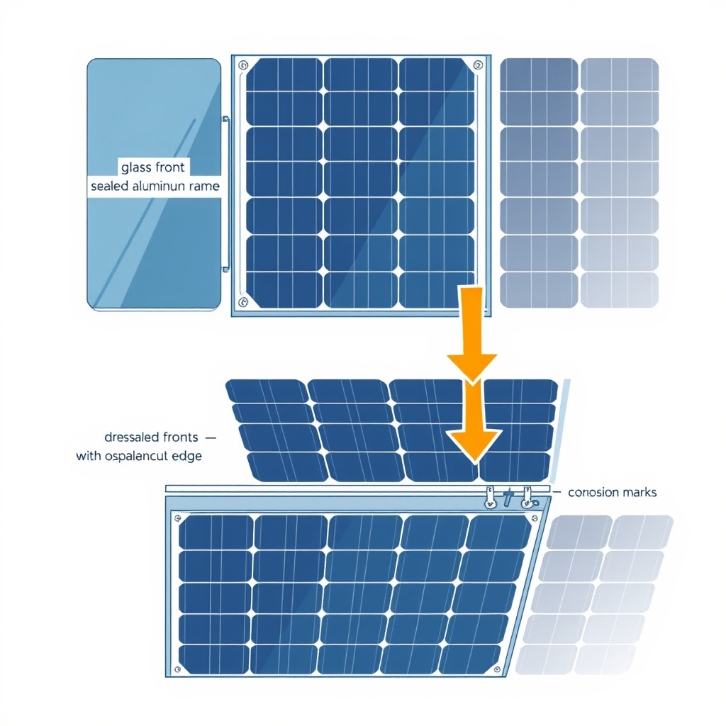portable solar charger — Cross-section illustration comparing a glass-front sealed solar panel with drainage holes against a plastic-front unsealed panel with hinge corrosion.