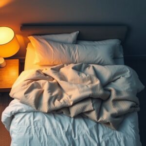 pressure therapy blanket — A weighted blanket draped over a neatly made bed in a dimly lit, minimalist bedroom with warm lamp light.