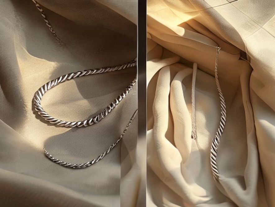prevent jewelry tarnish — Before-and-after comparison of necklace storage: coiled tightly showing damage versus laid flat and protected.