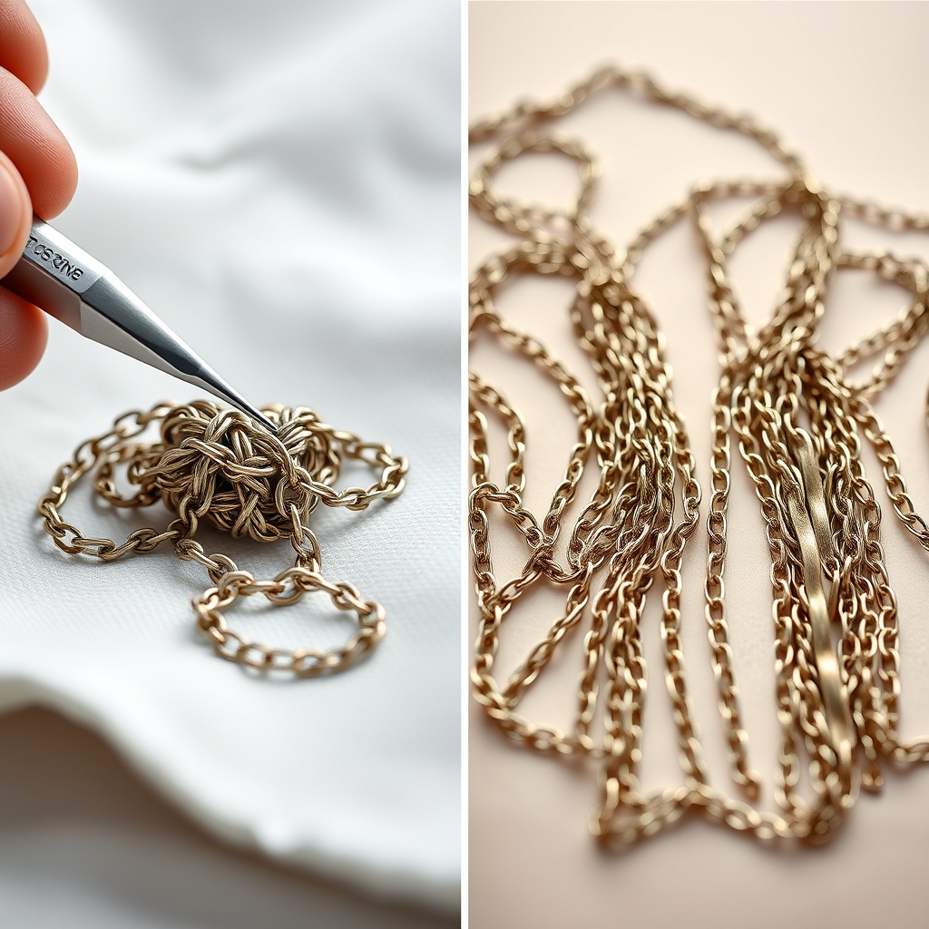 prevent tangled necklaces — Before-and-after close-up of a tangled necklace being gently untangled with tweezers on a microfiber cloth.