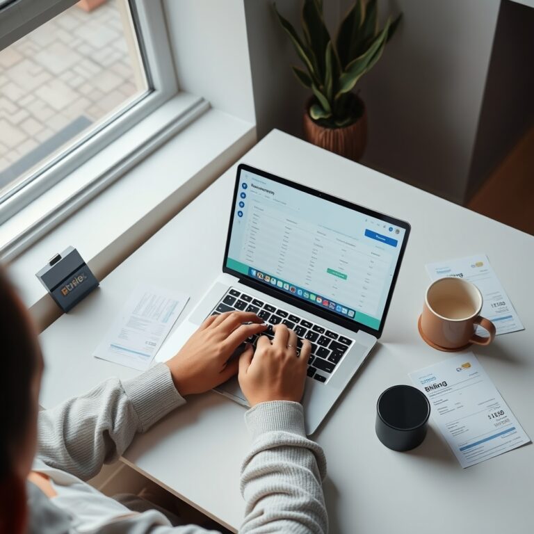 prorated refunds — Person at a tidy desk reviewing subscription billing on a laptop with printed statements nearby.