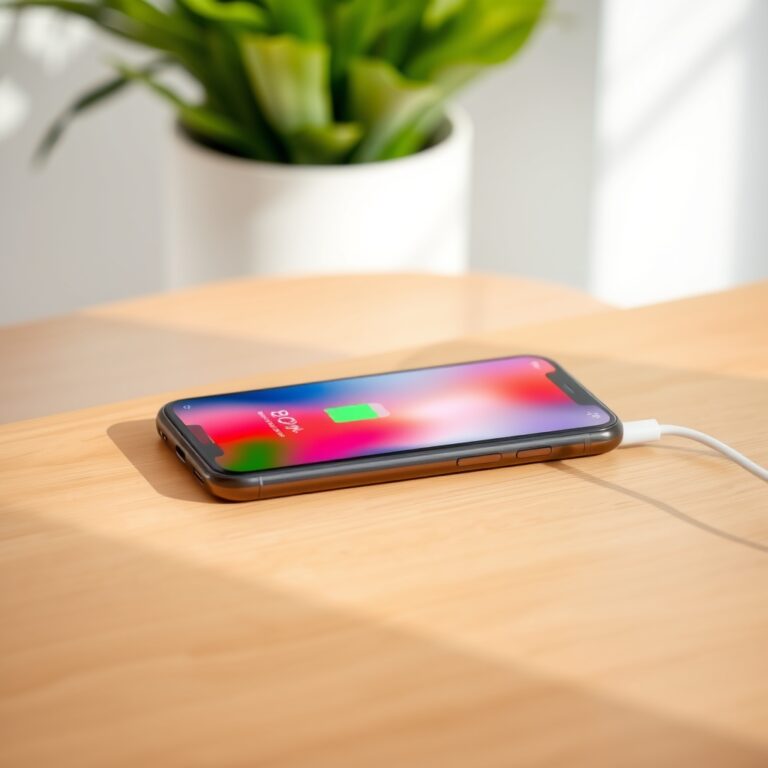 reduce battery drain android iOS — Smartphone charging to 80% on a wooden desk with natural light and plant backdrop.