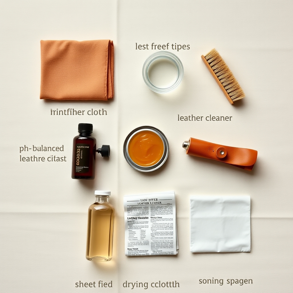 remove stains leather — Flat-lay of leather care tools including microfiber cloth, cleaner, conditioner tin, brush, and distilled water