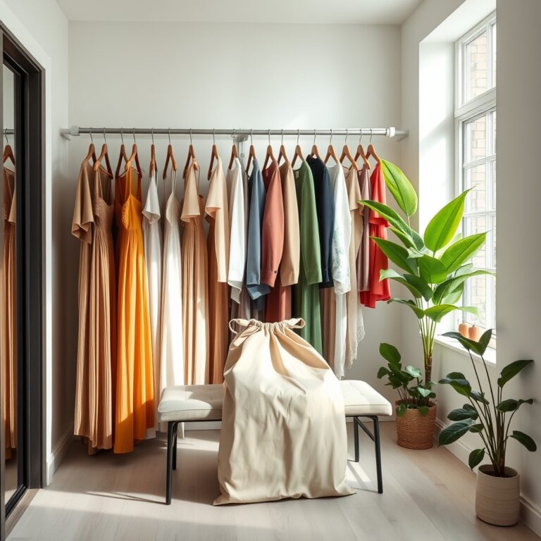 rent clothes online — Curated clothing rack in a bright minimalist closet with garment bags, representing a clothing rental subscription service.