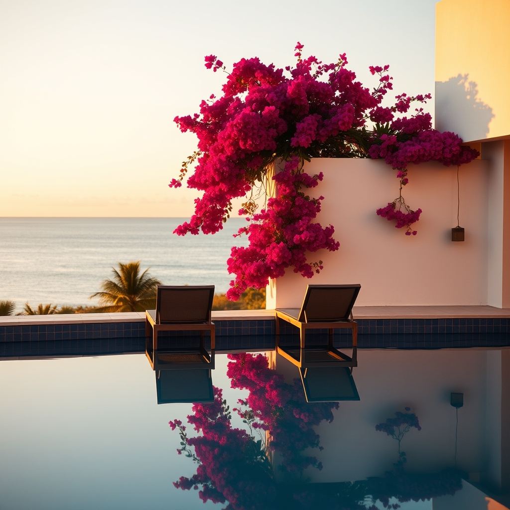 Riviera Maya resorts — A quiet adults-only infinity pool at a luxury Playa del Carmen resort at golden hour with bougainvillea and a sea view on the horizon.