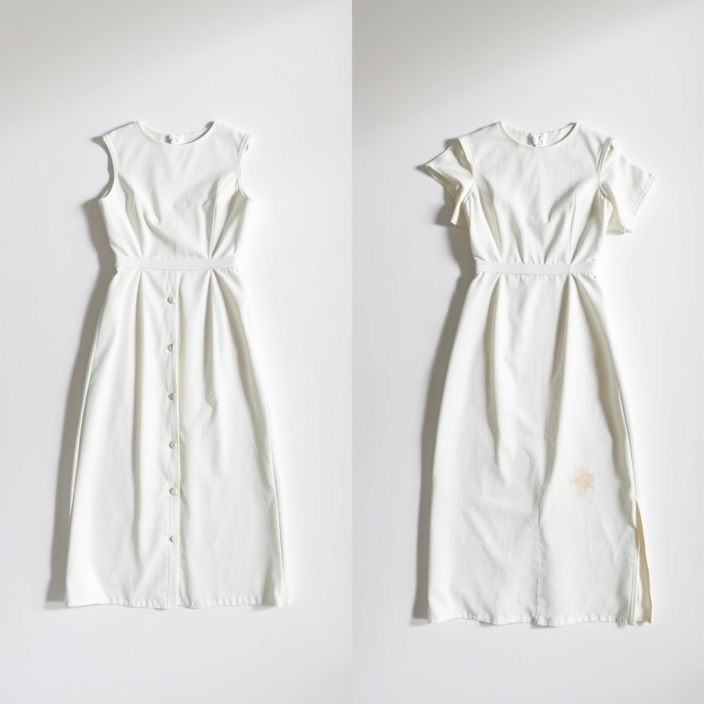 RTR subscription worth it — Side-by-side flat lay of a pristine rental dress versus a worn dress with visible stain and frayed seam.