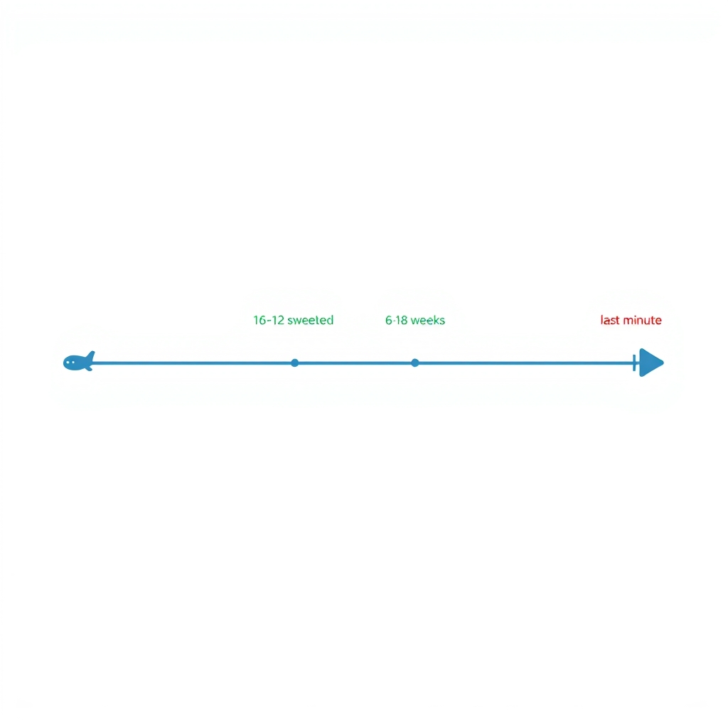 save money on family vacation — Flat vector booking timeline showing optimal windows: 10-12 weeks for international, 6-8 weeks for domestic flights