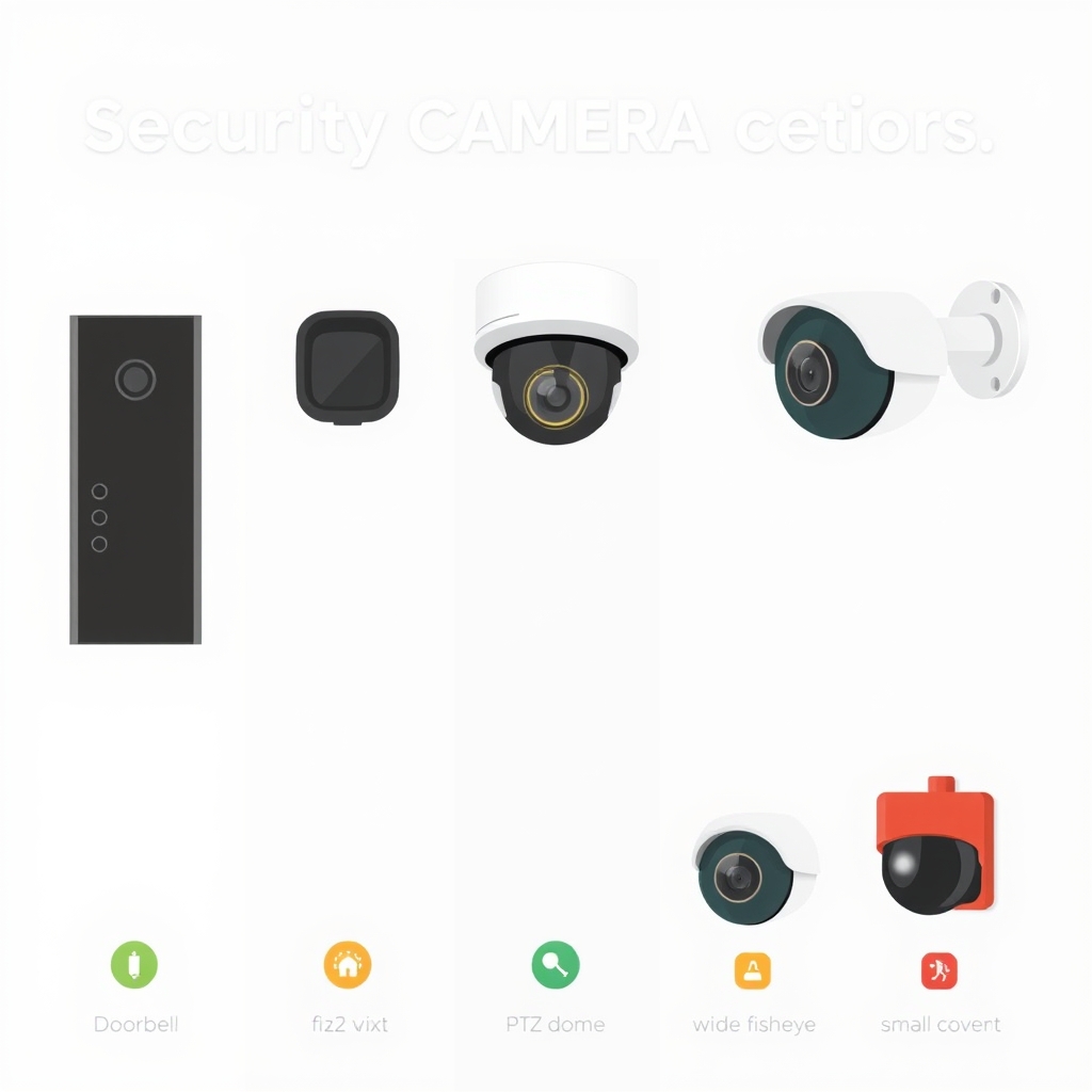 security camera installation guide — Visual comparison of five security camera types arranged horizontally with their distinct shapes and features.