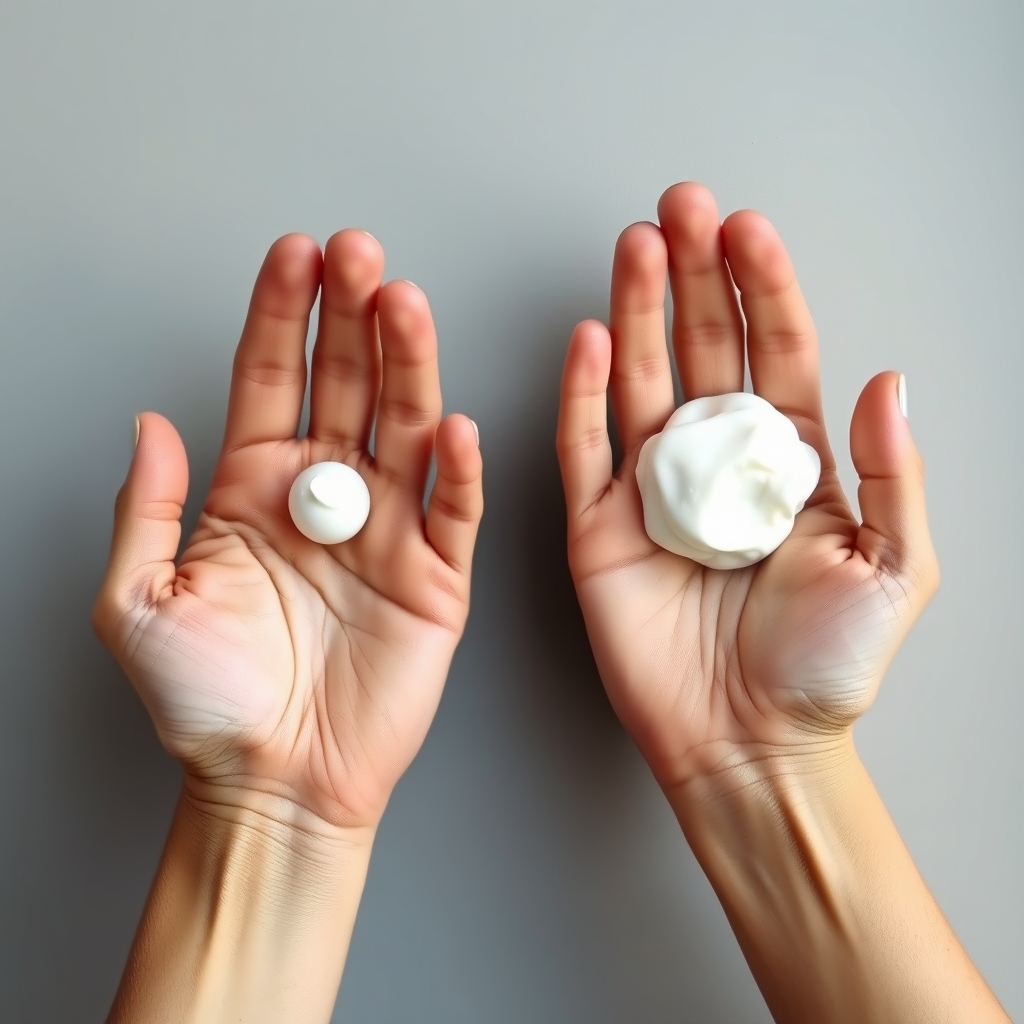 sensitive skin acne routine — Two open palms showing the correct pea-sized amount of cream on the left versus an excessive amount on the right.
