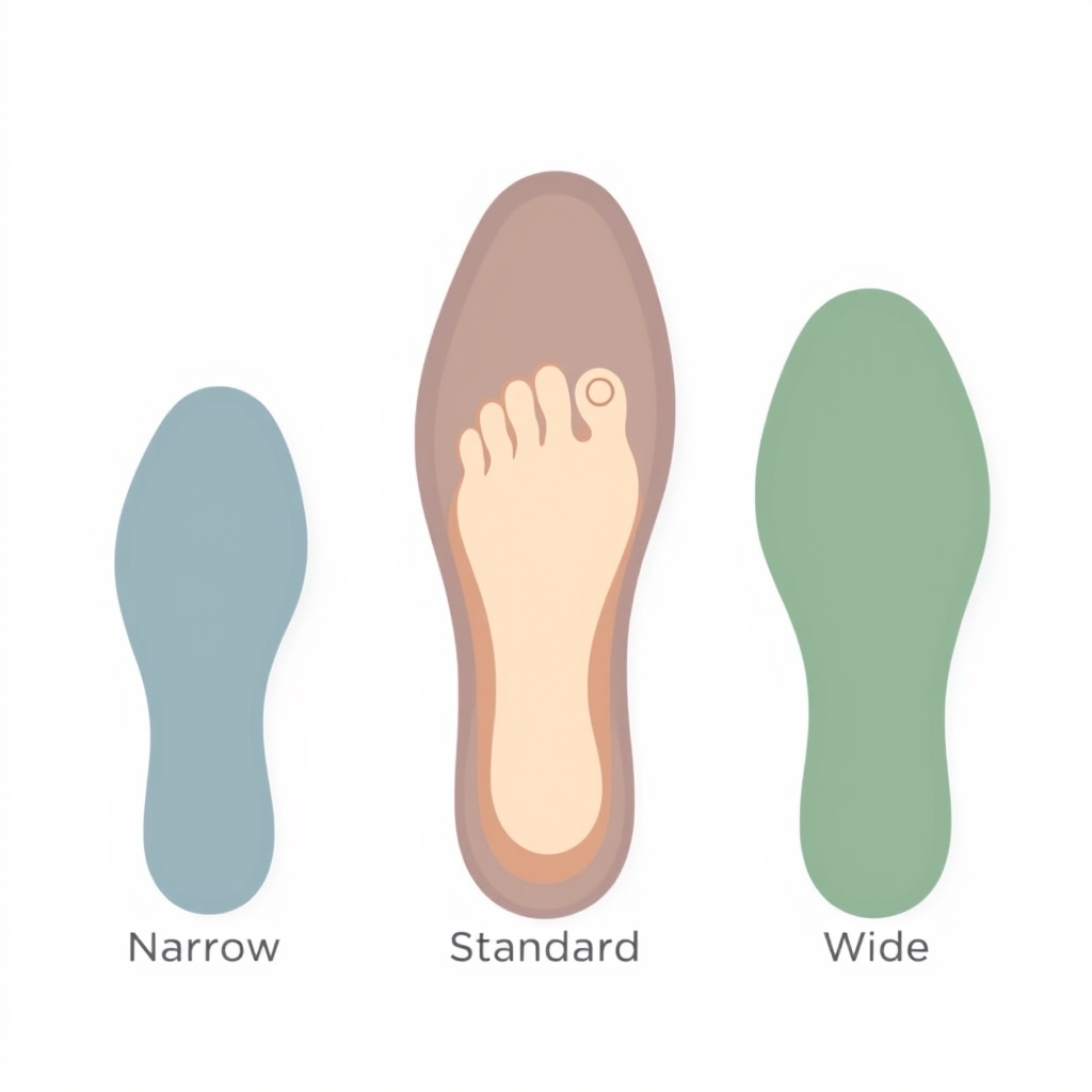 shoe width sizing — Illustration of three shoe last cross-sections side by side showing narrow, standard, and wide fit with foot silhouettes inside