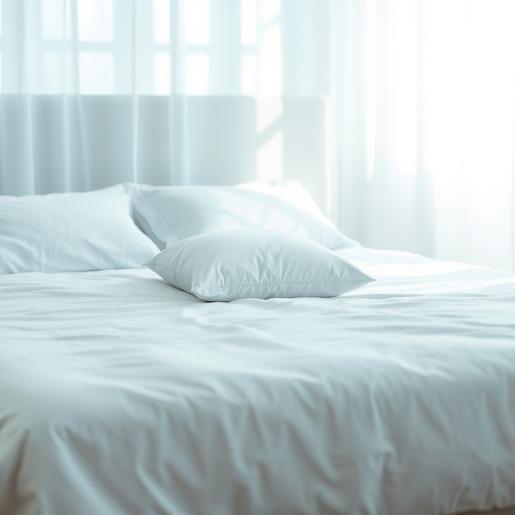 side sleeper pillow guide — A single pillow centered on a neatly made white bed in soft morning light, emphasizing loft and sleep comfort.
