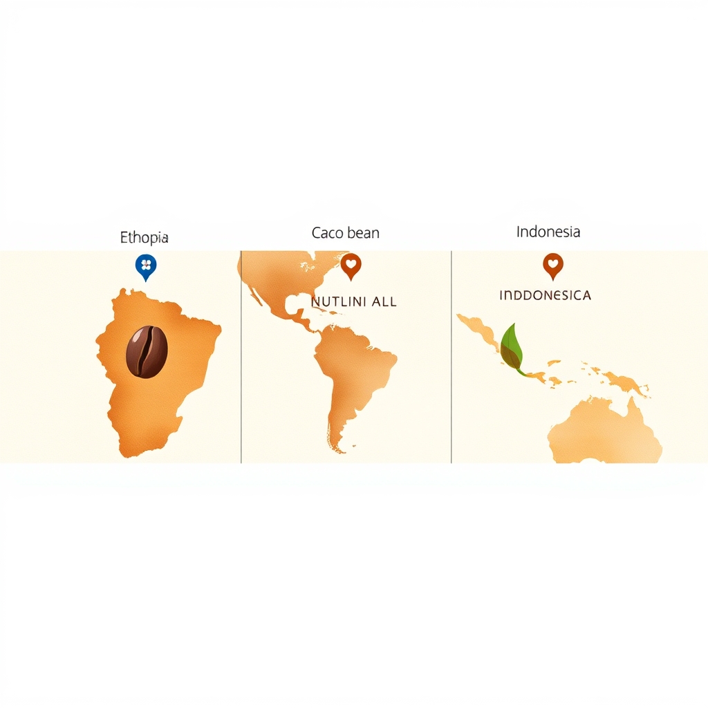 single origin coffee — Illustrated map highlighting Ethiopia, Central America, and Indonesia coffee regions, each paired with icons representing their signature flavor profiles.