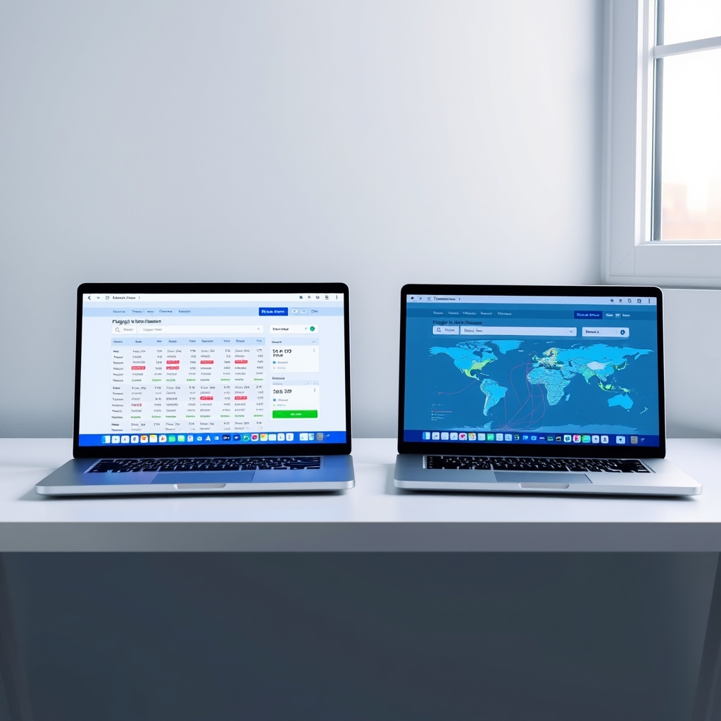 skyscanner vs google flights — Two laptops side by side showing flight search interfaces with colorful price calendars and route maps.