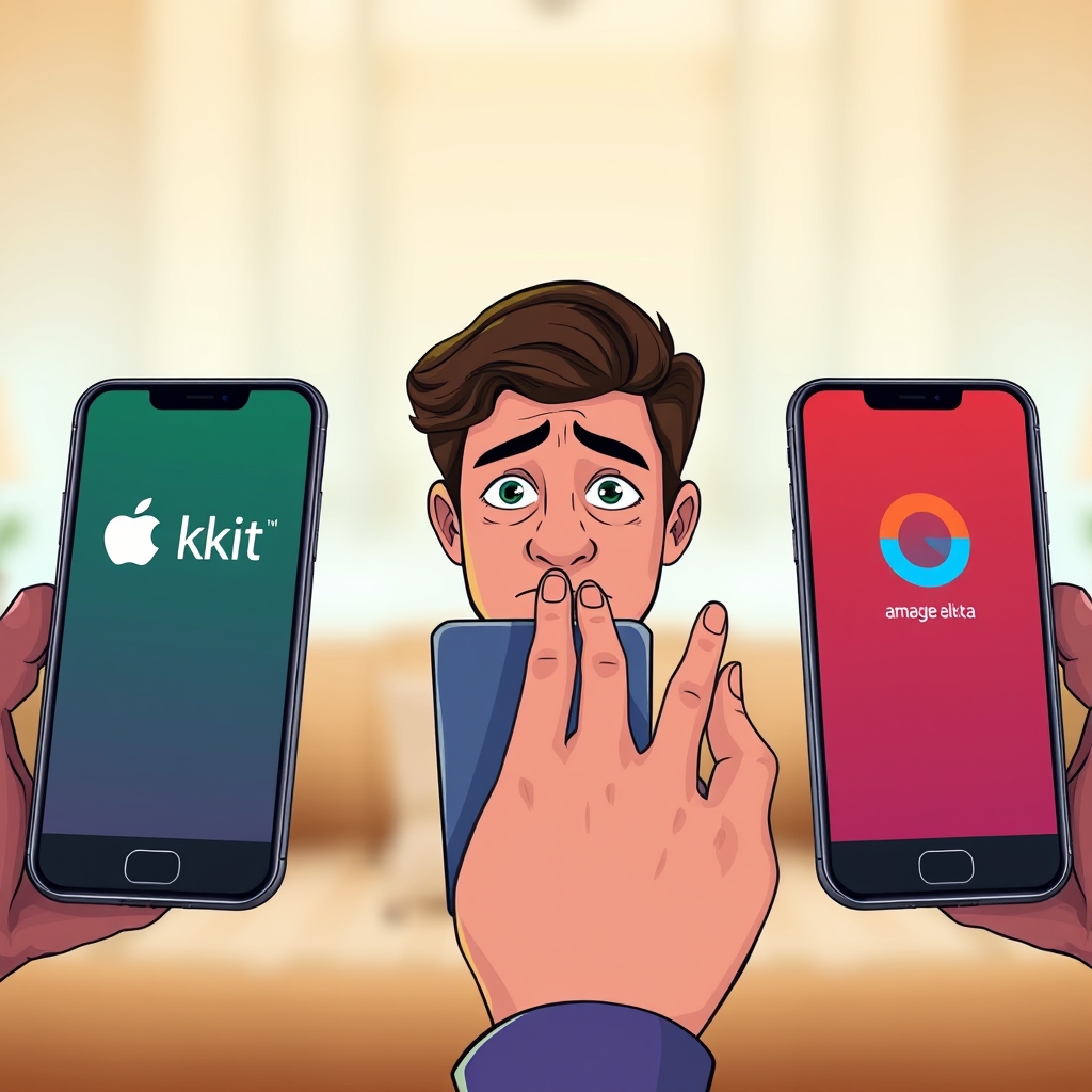 smart home adoption — Three smartphone screens representing different smart home ecosystems with a person looking uncertain, illustrating ecosystem lock-in decision fatigue.