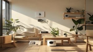 smart home buying guide — Modern living room with a few carefully chosen smart home devices among natural furnishings and plants, bathed in warm morning light.