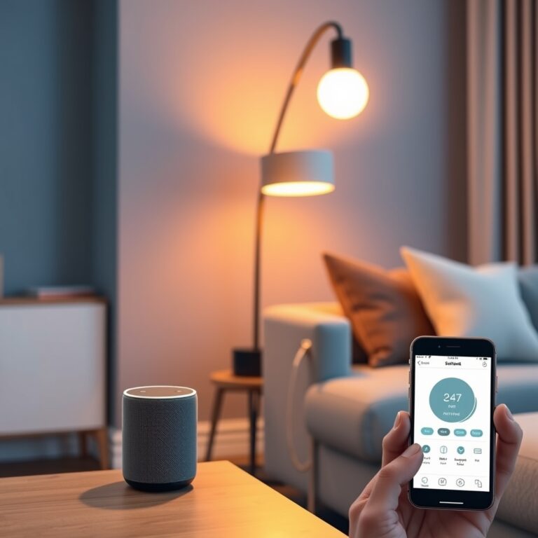 smart home device setup troubleshooting — Modern living room at dusk with smart speaker, glowing smart bulb, and smartphone showing a home app on screen