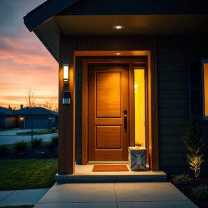 smart home doorbell integration — Front porch at dusk with smart doorbell mounted on door, warm lighting, package on step, driveway visible.
