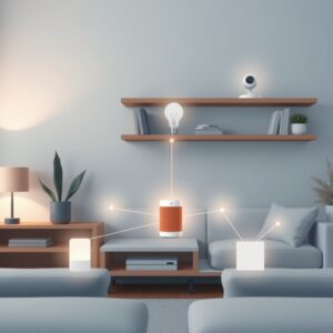 smart home protocols explained — Modern smart home devices on shelves connected by glowing network lines representing wireless protocols.