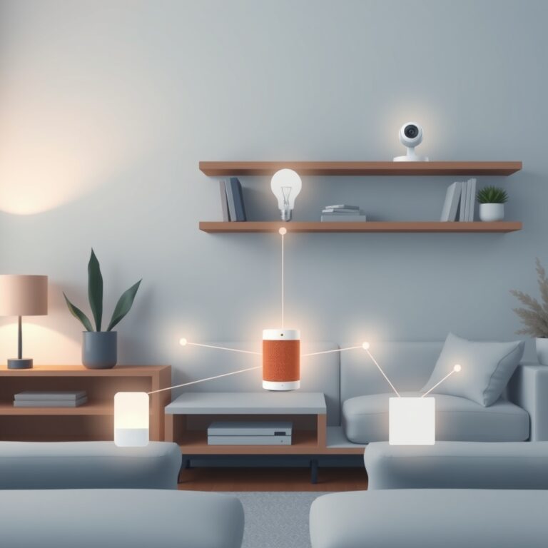 smart home protocols explained — Modern smart home devices on shelves connected by glowing network lines representing wireless protocols.