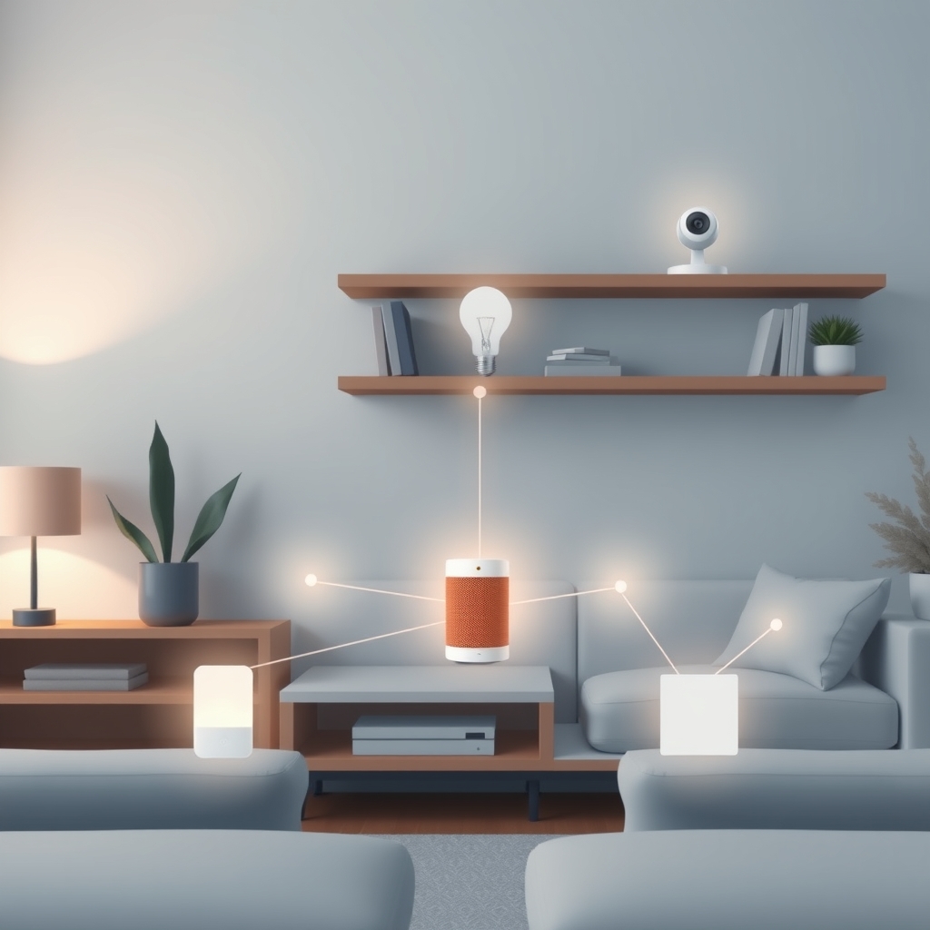 smart home protocols explained — Modern smart home devices on shelves connected by glowing network lines representing wireless protocols.