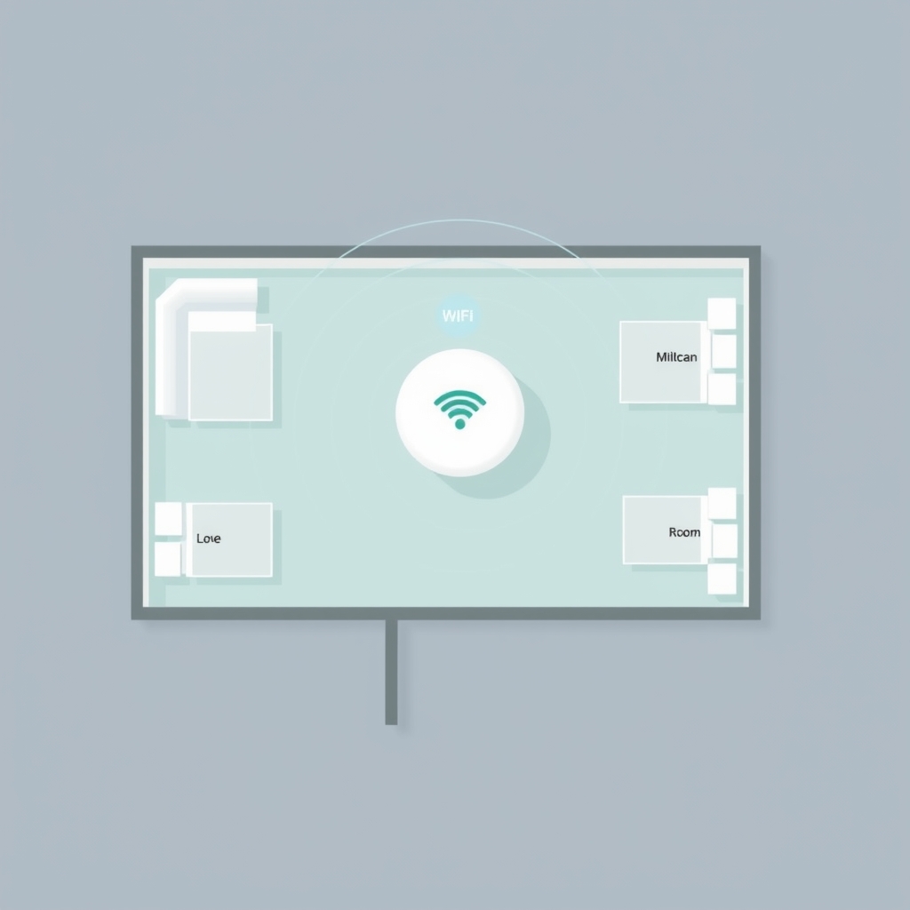 smart home WiFi issues — Top-down floor plan illustration showing a WiFi router centered in a home with signal rings reaching all rooms evenly