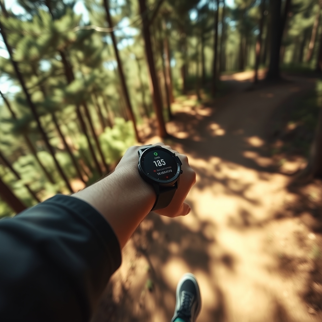 smartwatch comparison — Close-up of a runner's wrist showing a GPS smartwatch display while running on a shaded forest trail